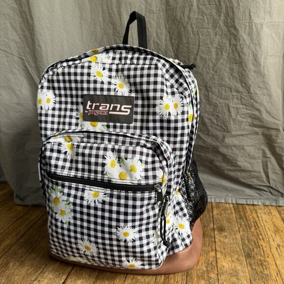 Trans by JanSport Backpack Black Gingham Daisy Print Faux Leather 17” - Picture 11 of 11